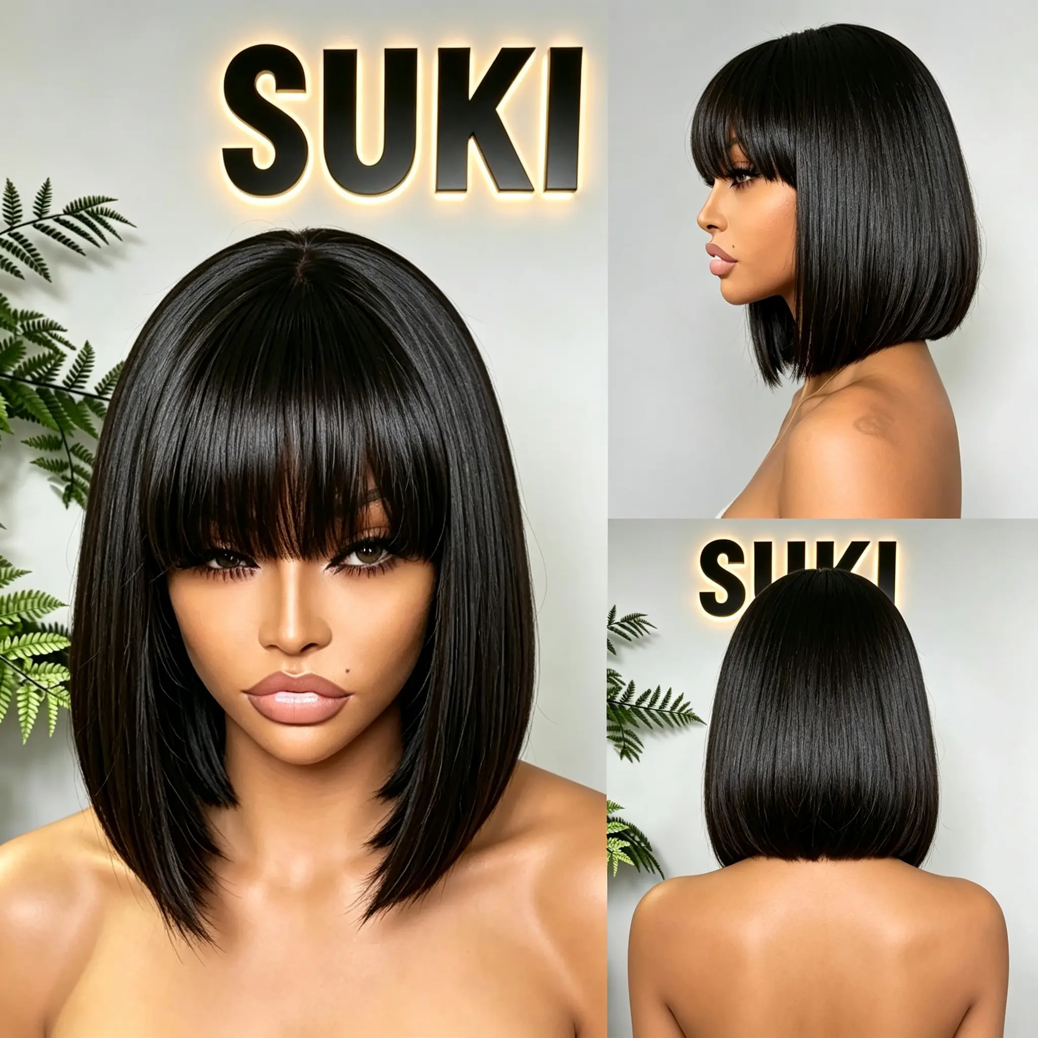 SUKI ORIGINAL 200% Density Glueless Lace Short Bob Straight Wig With Bangs 100% Human Hair Full machine For Black Women Beginner Friendly