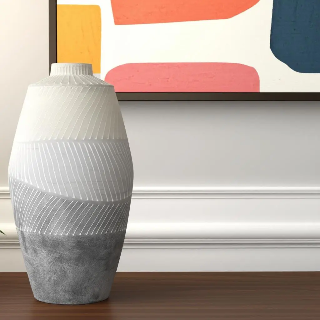 360 Stand 17 in. Round Cream and Gray Geometric Ceramic Decorative Vase, Modern Home Decor Piece, Room Decor Accent, Ideal Gift for Home Supplies, Table, Shelf Styling