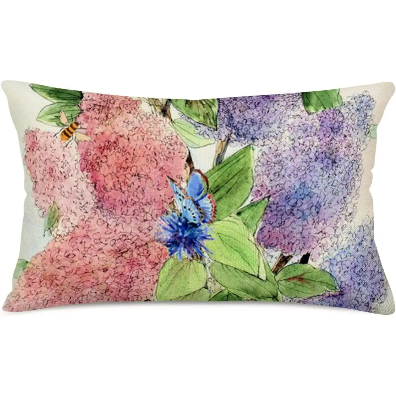 Cotton Floral Pillow Covers, 12x20 in Pink Purple Hydrangea & Butterfly Design with Overlock Stitch & Invisible Zipper, Farmhouse Decor for Sofa Couch, Ideal Gift for Family & Friends, Do Not Use Bleach, Farmhouse Look