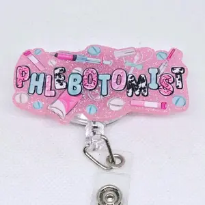 Phlebotomist Pink Glitter Acrylic Retractable Badge ID Reel Belt or Alligator Clip