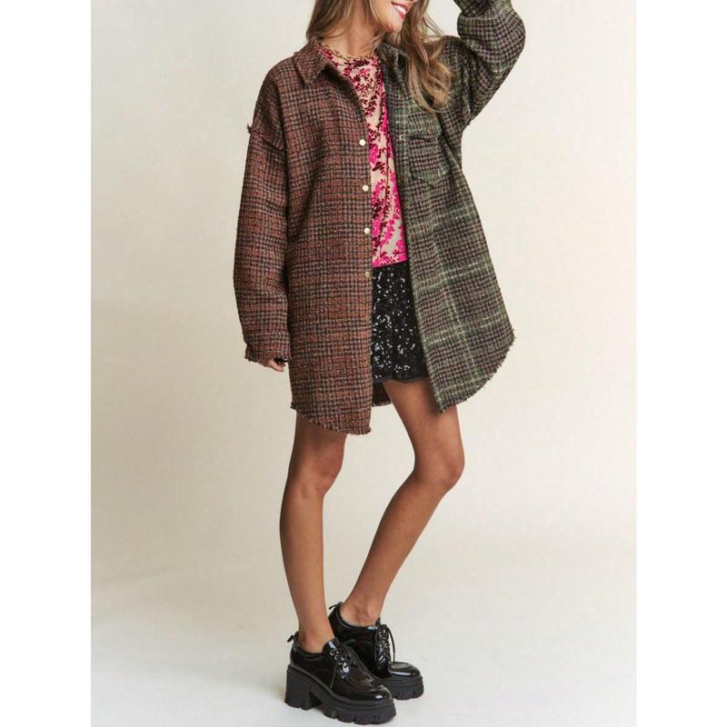 Women's Casual Jacket Vintage Snap Down Tweed Plaid Contrast Longline Shacket Misty Forest Long Sleeve Button-Down Oversized Fit Frayed Hem Comfy And Stylish Perfect For Spring/Fall/Winter Layering Everyday Wear.