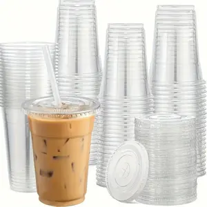 16oz (460ml) clear plastic cups with flat lids, ideal for iced coffee, smoothies, and milkshakes. Durable travel mugs designed for safe use at home or on the go