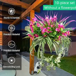 10Pcs Artificial Decorative Flowers Plants Combo, UV Resistant Fake Pink Flower & Spider Grass Greenery Shrubs, No Fade Faux Hanging Plant for Outdoor Indoor Patio Porch Window Box Home Garden Decor