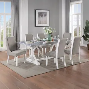 Acme DN02159-7PC 7 pc Canora grey Hollyn white wood base grey and white engineered marble top dining table set