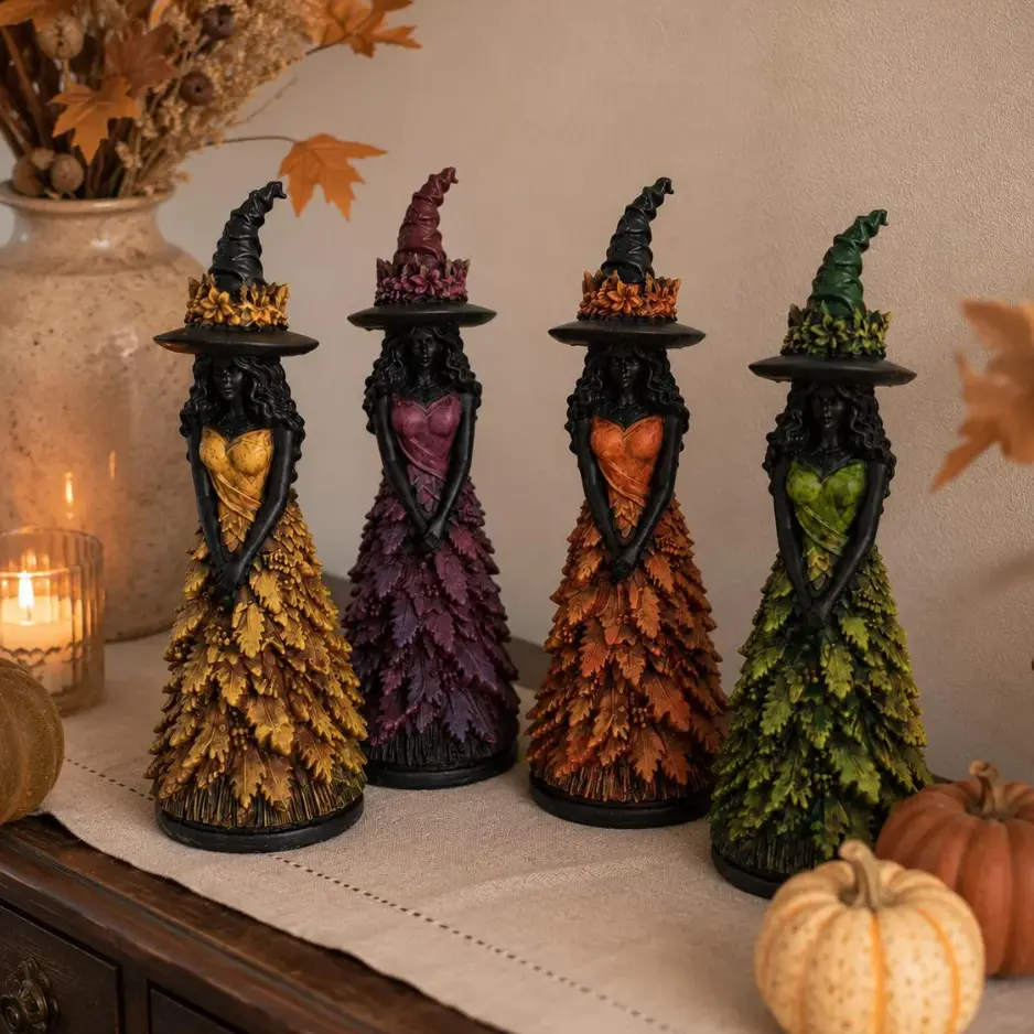 Halloween Autumn Leaf Witch Figurines, Elegant Resin Goddess Sculptures with Witches Hats and Leaf Gowns, Spooky Tabletop Ornaments,Enchanted Autumn Witch Figurine for Fall Decor Lovers, Leaf Dress Halloween Statue, Gothic Shelf Gift