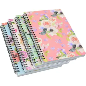 Spiral Notebook, 4 count A5 Thick Flower Design Hardcover 8mm Ruled 4 Color 80 Sheets -160 Pages Journals for Study and Notes (flower)