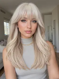 18 Inch Medium Length Curly Wig with Bangs, Synthetic Hair, Synthetic Material Wigs, Perfect for Parties and Daily Use, High-Quality Women's Wig