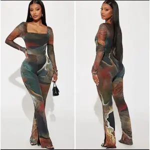 Summer Autumn Clothes Activewear Mesh Tie Dye Print Romper Womens Falre Jumpsuits Long Sleeve Fitness Winter Sexy Party Bodycon Overalls