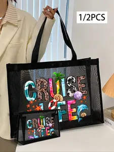 Cruise Life Letter Print Mesh Beach Bag, Large Capacity Vacation Tote & Travel Toiletry Storage Bag, Lightweight Foldable Handbag For Women, Multipurpose Makeup Organizer, Travel Essentials Bag, Portable Shopping Bag, Casual Shopping Bag