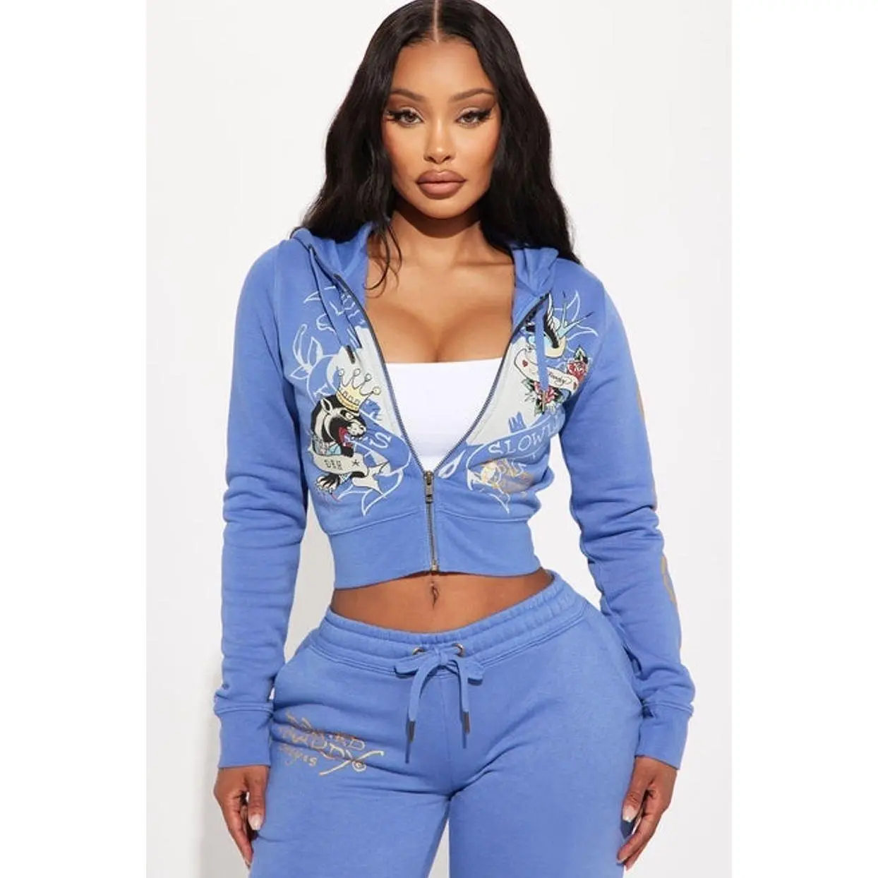 ED HARDY Women's Free Bird Graphic Zip-Front Hooded Zip-Up Hoodie - Stretch Cotton Blend Garment Tops, Plus Sizes, Screen Print Detail Sweatshirt