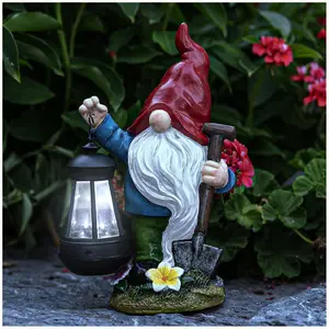 11.3" Tall Garden Gnome Statue with Shovel Solar Gnomes Statue with Lantern LED Outdoor Decor Lights for Terraces Courtyards Lawns Patios Porches Christmas Housewarming Gift Red Hat Resin