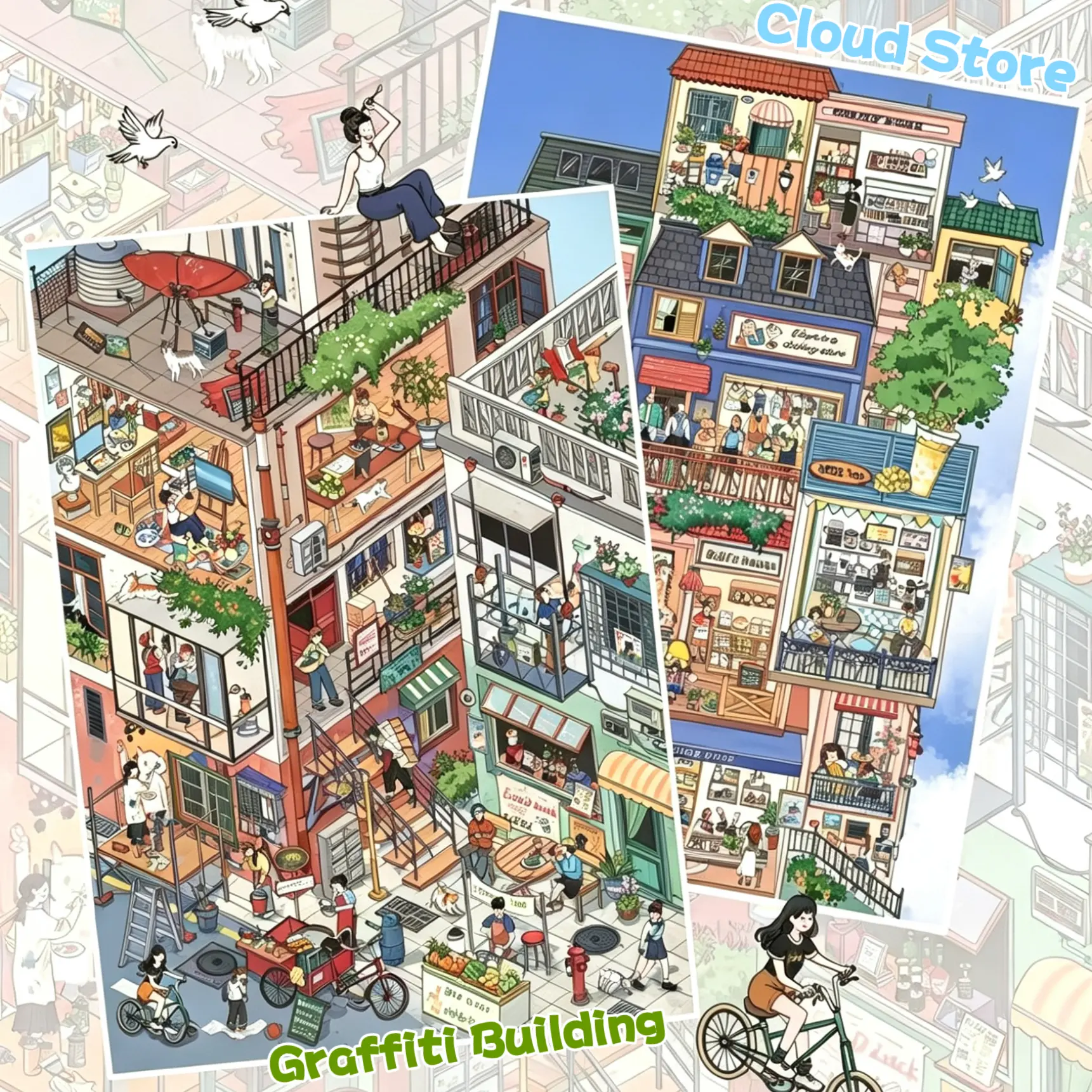 Building Scene Stickers, Pack of 2 Scenes, DIY Scene Sticker Sets, Landscape Stickers, Stress-Relief Sticker Art