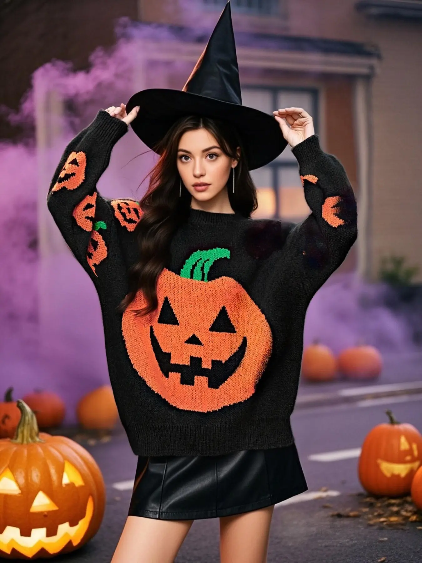 Plus Size Women's Halloween Knit Sweater, Elegant Oversized Long Sleeve Top for Winter & Fall, Geometric Pattern Casual Wear