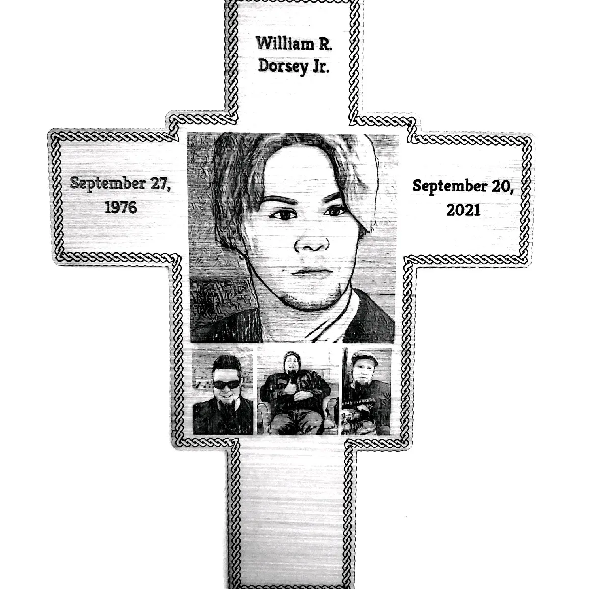 Memorial Cross * Personalized with up to 3 photos, name, & dates engraved into the wood.   This personalized solid wood memorial cross features all text and images engraved into the wood. This cross is available in natural wood or color. Decor Religious