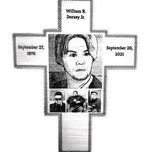 Memorial Cross * Personalized with up to 3 photos, name, & dates engraved into the wood.   This personalized solid wood memorial cross features all text and images engraved into the wood. This cross is available in natural wood or color. Decor Religious