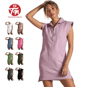 Tanming Womens Half Zip Sweatshirt Dresses  V Neck Sleeveless Pullover Tunic Tops Mini Dress
