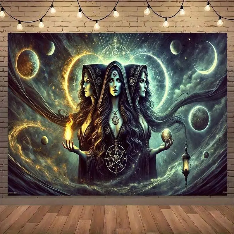 Large Gothic Mysterious Spooky Tapestry of Hecate, Dark Fantasy Wall Hanging with Triple Goddess Faces, Stars and Moon Background for Halloween and Weddings, Durable Decorative Decoration Tapestry, Wall Tapestries