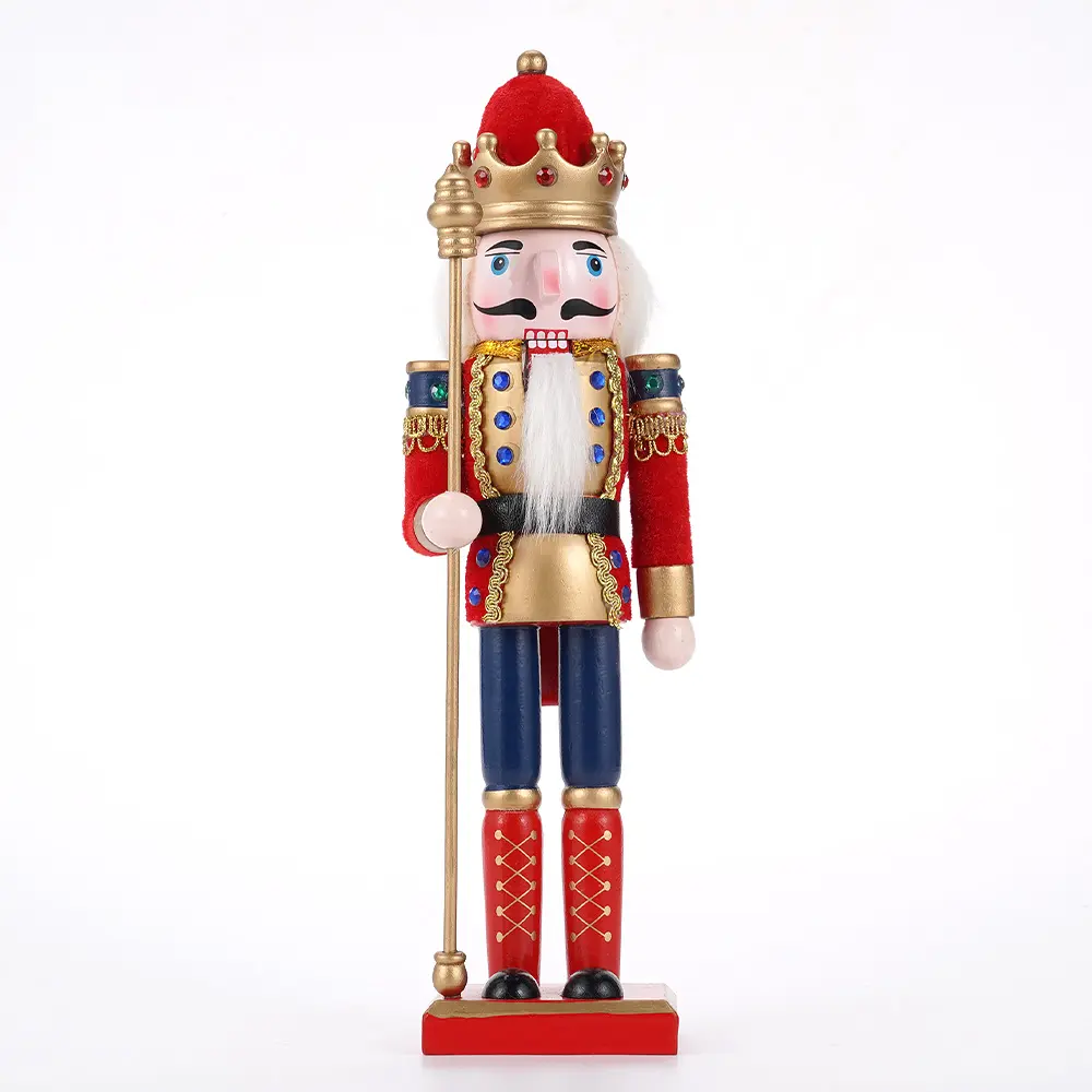30cm Wooden Nutcracker King Figurine with Scepter, Red Fabric Wrapped Christmas Nutcracker Ornament, Traditional Xmas Tabletop Decor & Holiday Gift