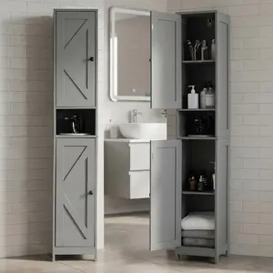 Garvee - 66.9 Inch Tall Bathroom Storage Closet, Narrow Bathroom Closet with 2 Barn Doors and 1 Drawer, Adjustable Shelves, Farmhouse Storage Organizer