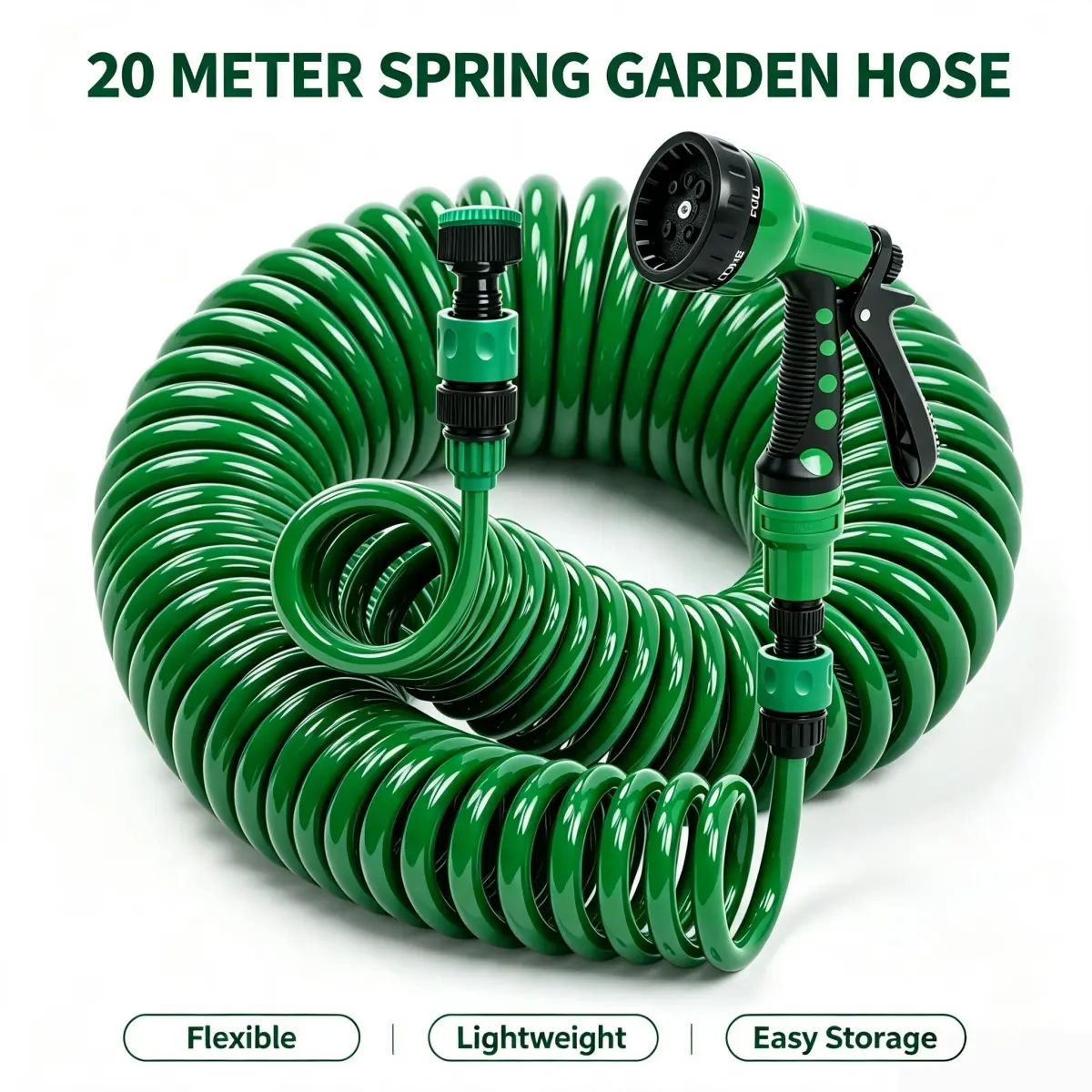 66 FT Coil Garden Hose 3/8" EVA Flexible Curly Water Pipe, 7‑Pattern 20m Lightweight Spray Nozzle & Quick Connect Fittings, Green Recoil Water Hose for Yard Patio Car Washing Greenhouse Boat