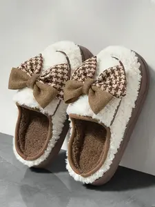 Women's Winter Indoor Home, Thick Sole Warm Plush Cotton Shoes, Cute Bow Design, Cozy House Footwear for Women, Soft Cushioned Slippers