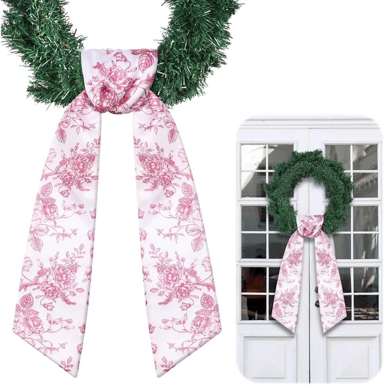 Red Floral Wreath Sash for Front Door Wreath Satin Sash for Embroidery Monogram Garland Ribbon Accessories Xmas Party Yard Doorway Indoor Outdoor Wall