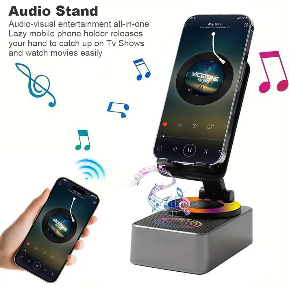Wireless Audio Bluetooth Speaker 5in1 Phone Holder Emergency Rechargeable  withColorful Ambient Light 300° Foldable for Tablet iPhone Android, Gifts f