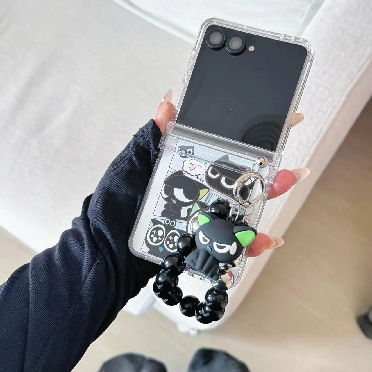 for Samsung Galaxy Z Flip 7 6 5 4 3 flip6 flip7 Rope Strap Cat Pendant Fold Phone Case Cartoon Black Kitten Shockproof Cover