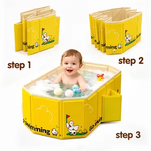 Collapsible  Bathtub & Toddler Pool, 2-in-1 Foldable Bath Tub & Play Pool with Dual Drain Holes, Portable Travel Bathtub for Infants to Toddlers, Easy to Clean, Yellow