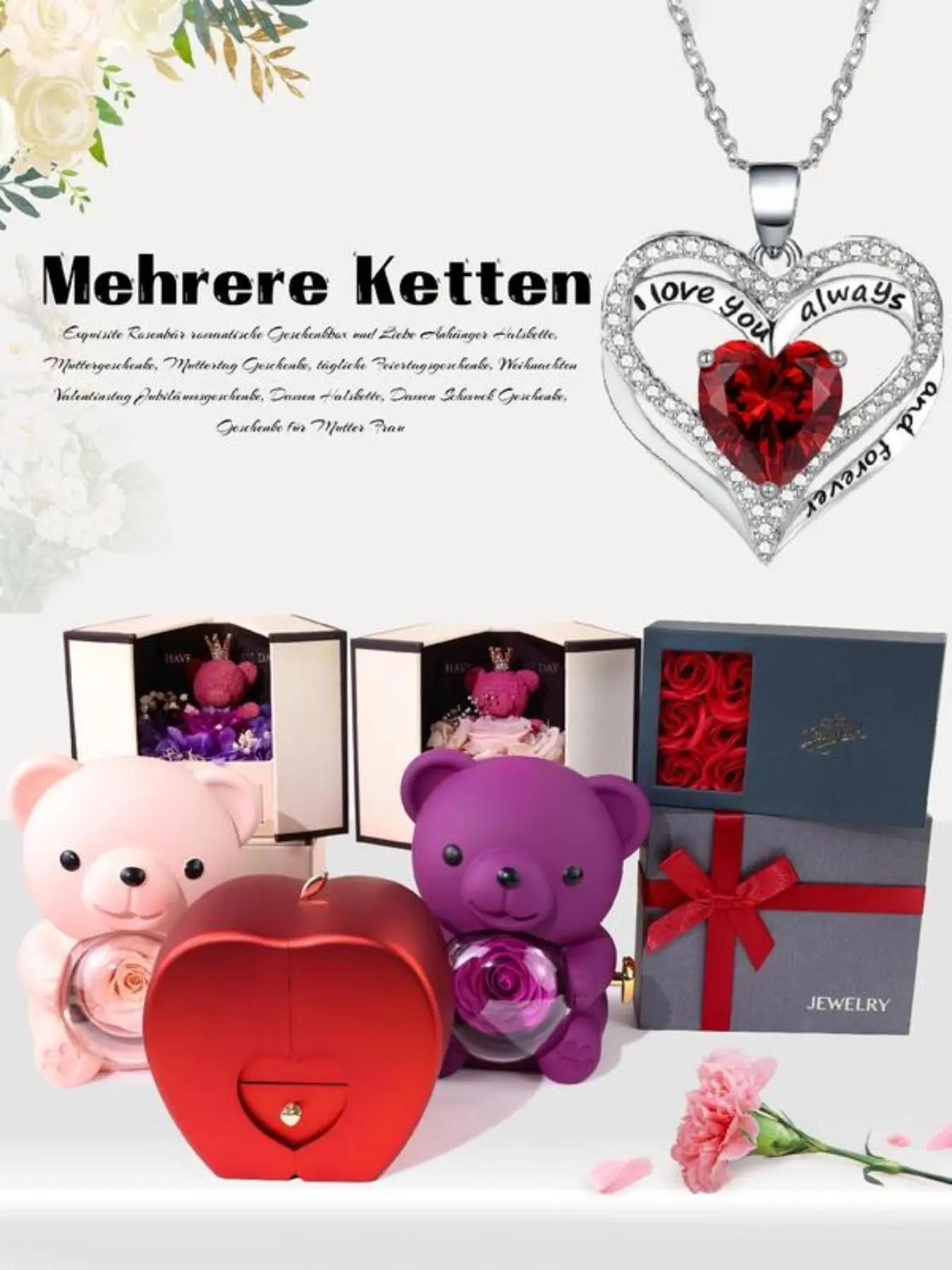 Mother's Day gift - heart-shaped necklace set "I Love You" Heart-shaped necklace, Heart design necklace, luxury diamond stud collar chain, eternal love red crystal pendant, bear everlasting flower gift box - a birthday gift for mom, jewelry accessory