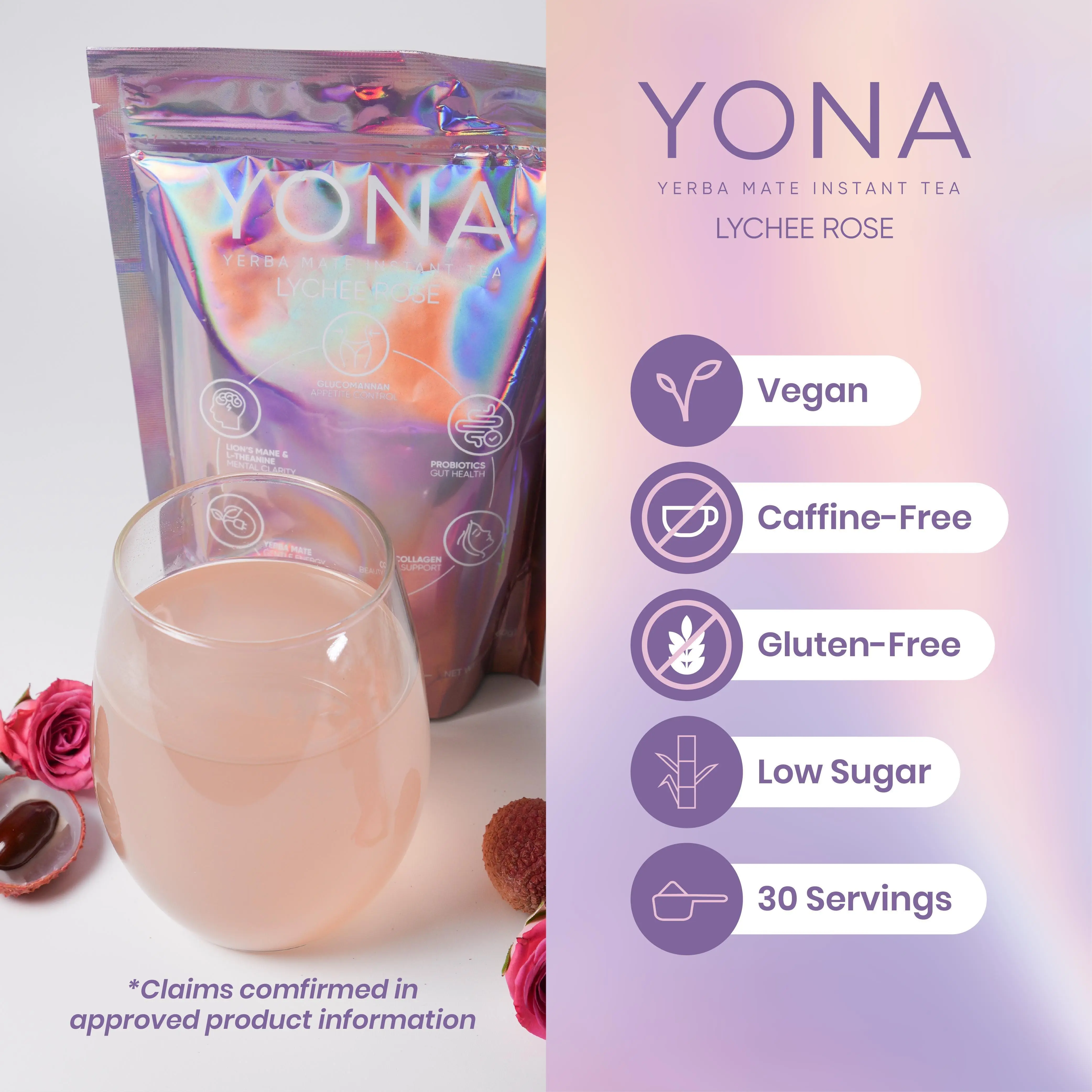 Yona Wellness Lychee Rose Decaf Yerba Mate Instant Tea Powder - Vegan, Caffeine-Free, 330g | Refreshing Floral Drink Mix Powdered Beverage Mix Organic Strawberry Powder Monkfruit Extract Powder Moringa Leaf Powder Powder Packets Green