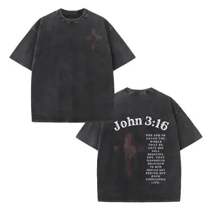 Black Vintage Washed John 3:16 T-Shirt Double Sided Cross Graphic Christian Streetwear Tee