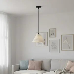 Nordic Rustic Pleated Cone Pendant Light 100cm Adjustable Long Wire, Creamy Bedroom Bedside Restaurant Bar Light, Japanese Minimalist Study Hallway Lamp