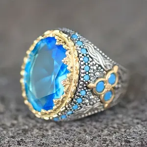 1pc Vintage Handmade Zinc Alloy Ring with Blue Rhinestones, Ancient Carved Design for Men and Women - Punk Motorcycle Party Fashion Ring, Ring Set