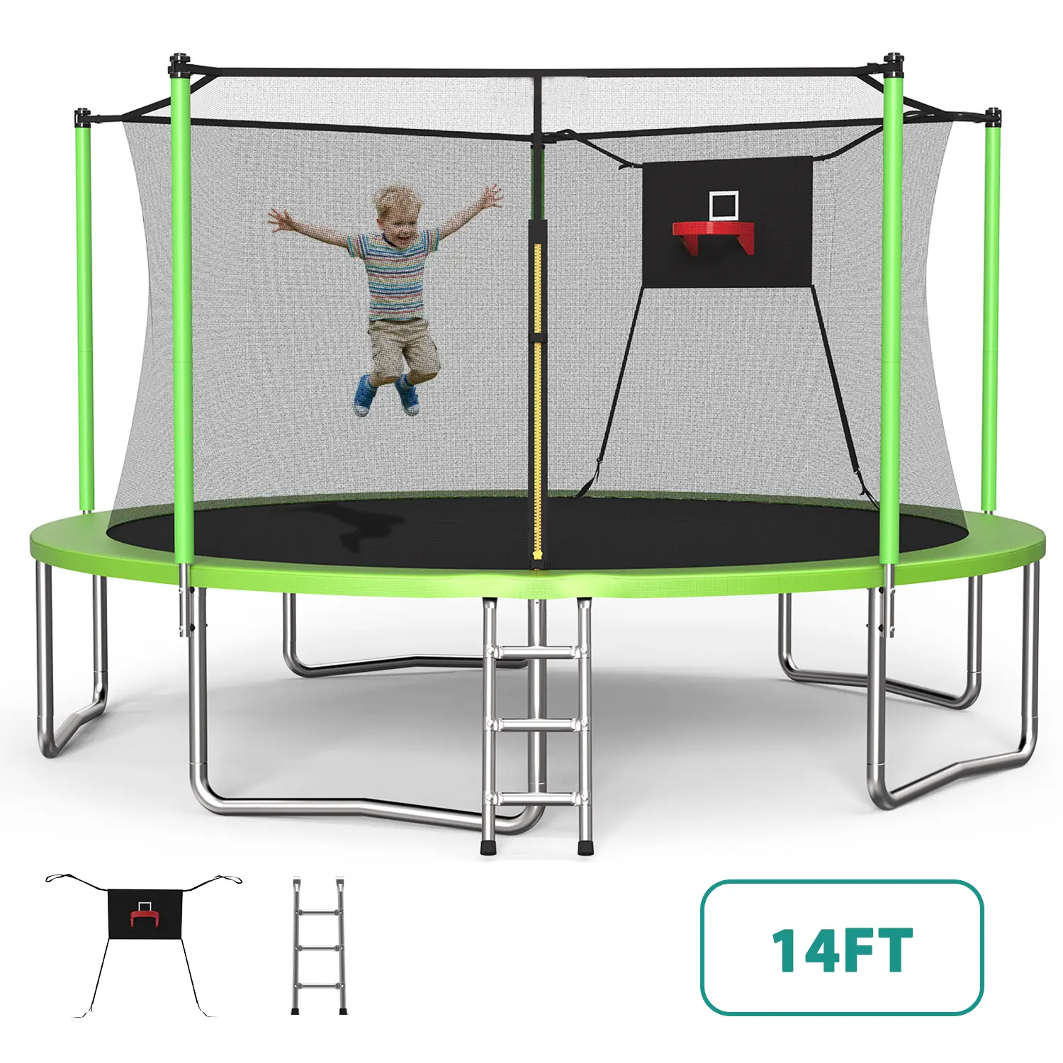 Mersco 14ft Outdoor Trampoline for Kids & Adults with Basketball Hoop Enclosure Net Ladder Easy Assemble 1320 lbs Load Blue Home Workout Equipment, Exercise Trampoline, Playground Trampoline, Recreational Trampoline