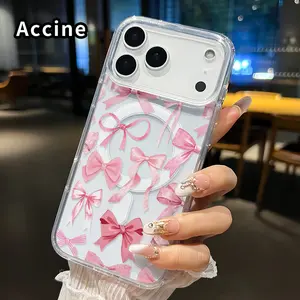 Transparent Case for iPhone 17 16  Pro Max Plus 15 14 13 12 11 Air E Pink Bow Symphony  Strong Magnetic Attraction Acrylic Back Soft Edges Full Coverage Back Cover