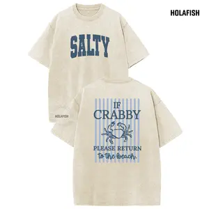 Holafish Women's Upgraded Vintage Acid Wash Short-Sleeve Round Neck Cotton Graphic T-Shirt - Drop Shoulder, Positive Letter Print, Unisex Vintage Streetwear Top, Mother's Day Gift, Summervibes