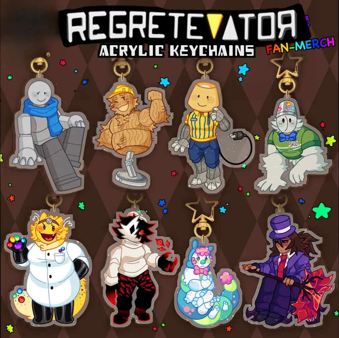 SERIES 2 REGRETEVATOR Keychains - Wallter, Mark, Lampert, Spud, Dr. Retro, Folly, Pilby, Mach Acrylic Keychains, Small, Meaningful, And Full Of Character, Unique Keychains That Add Charm To Every Bag And Key.