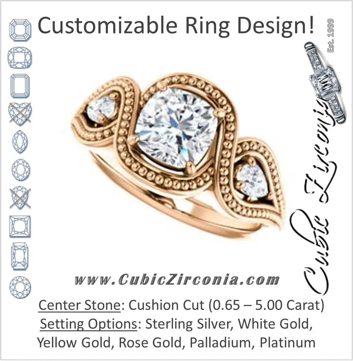 Cubic Zirconia Engagement Ring- The Nainika (Customizable 3-stone Cushion Cut Design with Pear Accents and Filigreed Split Band)