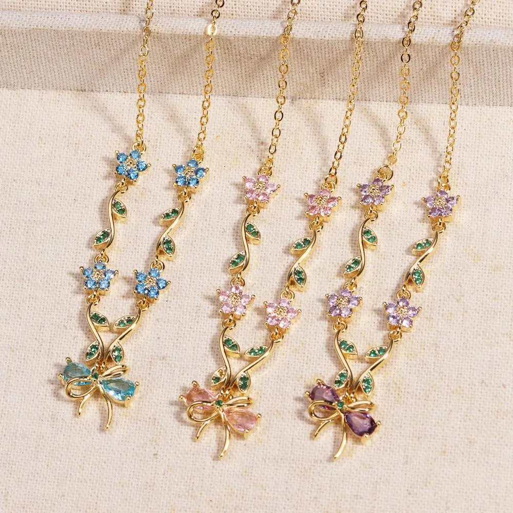 Women's Gold-Plated Flower Vine Butterfly Necklace - Brightly Colored Multicolor Zircon Crystal Choker, Decorative Flower & Crystal Art Jewelry, Ideal Gift, Butterfly Necklaces, Brightly Colored Necklaces