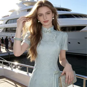 Golden Branch & Jade Leaves · Gradient Blue · Neo-Chinese Modified Ao Dai Cheongsam