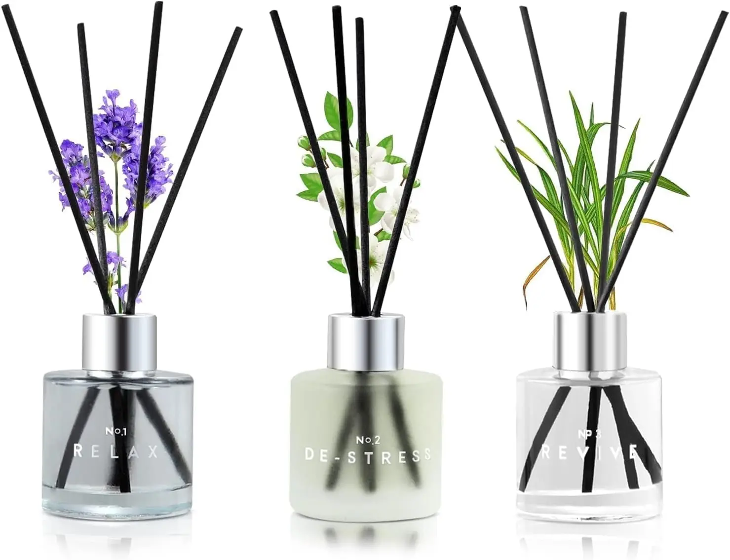 3-Pack Nature Scented Car Fragrance Oil Reed Diffuser Set, 50ML Lavender-Jasmine-Lemongrass Aroma, 12 Black Fiber Sticks, Air Freshener for Bedroom-Bathroom, 8.2x6.6x2.1in Car Interior Accessory