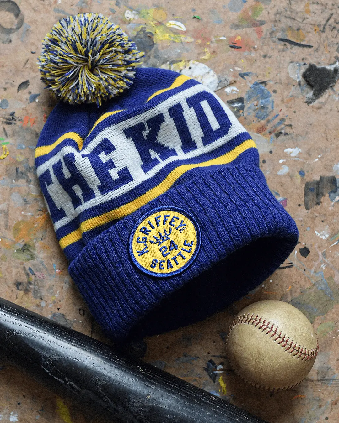 Officially Licensed Ken Griffey Jr. "The Kid" Unisex Blue Pom-Pom Sports Beanie - Fashion Clothes Accessory Hat, Officially Licensed By Ken Griffey Jr., Casual, Licensed Logo, Pom-Pom Top