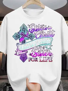 for Man and Womens Sisters in Christ Christian Faith T-Shirt Verse & Cross Print Religious Church Outfit Comfortable Round Neck Casual Wear for Church Events Study Prayer Group Machine Washable Medi