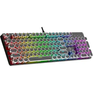 Typewriter Mechanical Gaming Keyboard with RGB Backlit Red Switches, 104  Retro Round Keycap, Wired Typewriter Style Comfortable Typing Soud (R-Black)