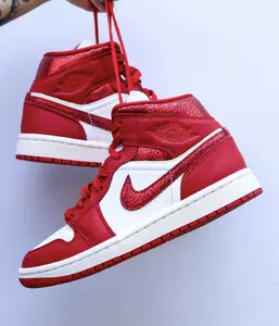 Nike Air Jordan 1 Mid SE Red Cracked Leather HJ9337-106 Womens Fashion Sneakers New