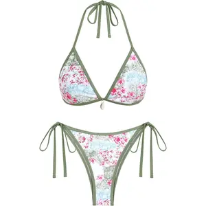 Womens Shell Halter Bikini Sets High Cut Side Tie 2 Piece Swimsuits Sexy String Bathing Suit