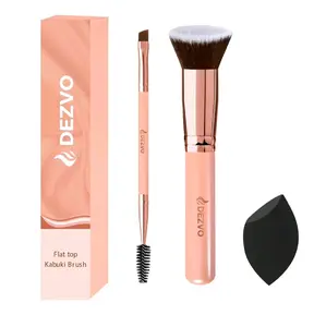 Flat Top Kabuki Foundation Brush - Premium Makeup Brush for Liquid, Cream, and Powder - Buffing, Blending and Face Brush Angled Eye Brow  Spoolie Brush and Beauty Blender