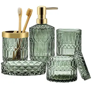 Green Bathroom Accessory Set, 5Pcs Bathroom Soap Dispenser Set, Green Glass Bathroom Accessory Set with Soap Dispenser, Soap Dish, Toothbrush Holder, Tumbler, Cotton Swab Jars