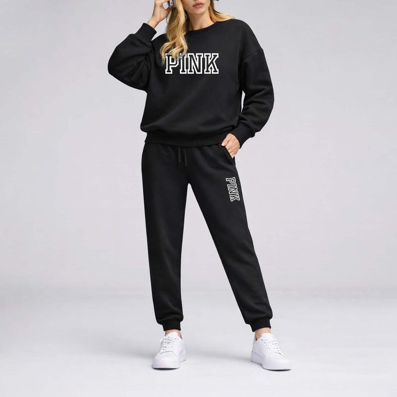 Women's Pink Letter Print Crewneck Sweatshirt and Drawstring Track Pants Set, Casual Sportswear, Long-Sleeve Round Neck Top and Pants, Suitable for Spring, Autumn and Winter, Everyday Wear Women's Pink Letter Print Crewneck Sweatshirt and Drawstring Track Pants Set, Casual Sportswear, Long-Sleeve Round Neck Top and Pants, Suitable for Spring, Autumn and Winter, Everyday Wear